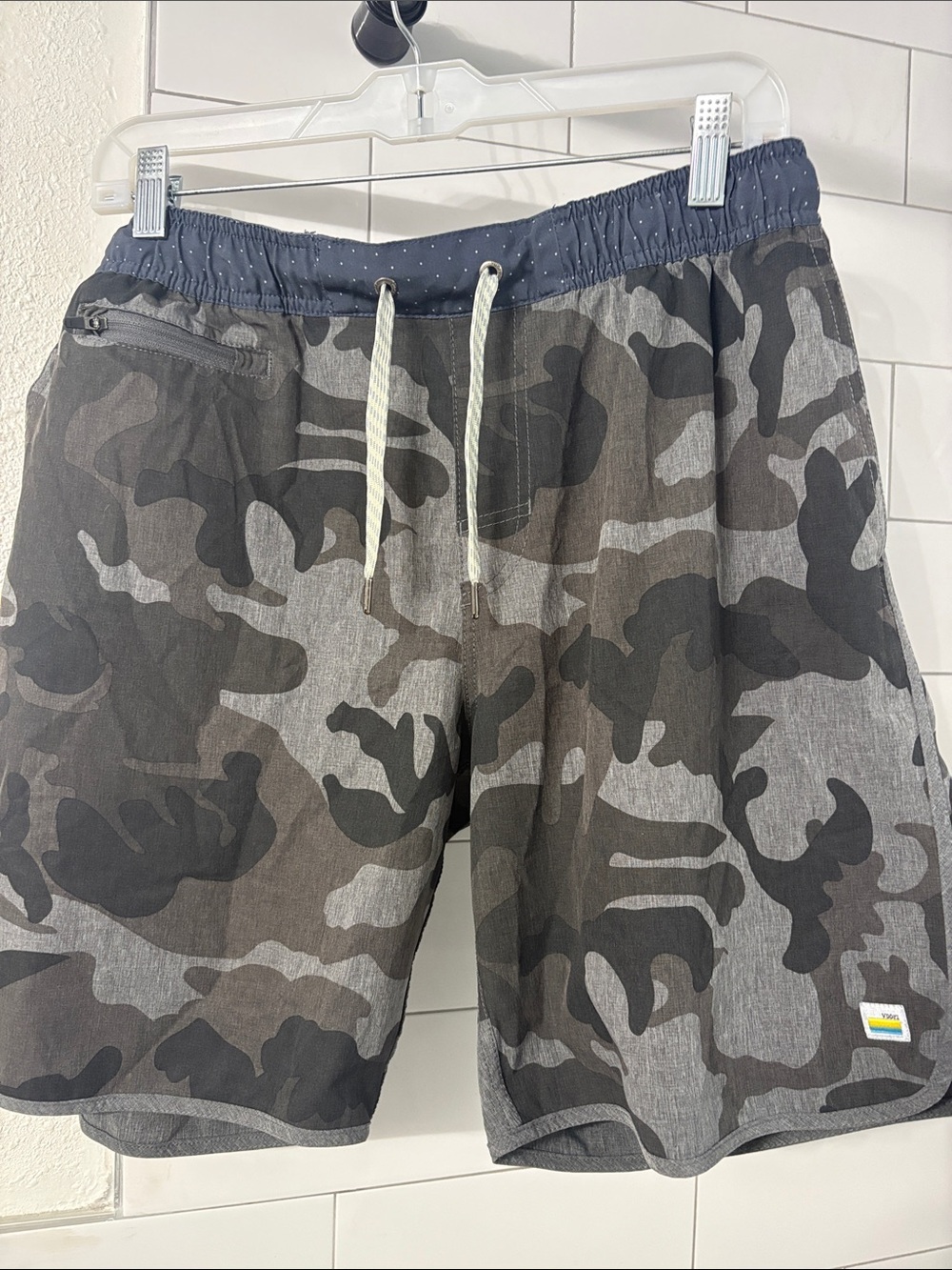 Vuori Gray Camo Athletic Shorts with Navy Waist